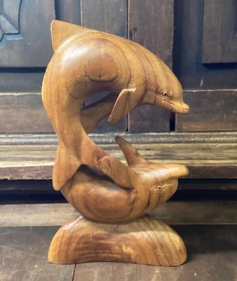Wooden Hand Sculpted Double Dolphin Figurine Playful 8.5 Inches Tall