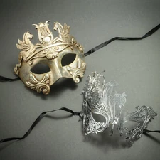 Masquerade Couple's Mask - Silver Warrior Face Mask & Swan Rhinestone Laser Cut