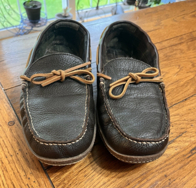 MENS LL BEAN BROWN LEATHER HAND SEWN FLANNEL LINED MOCCASIN  display picture 1
