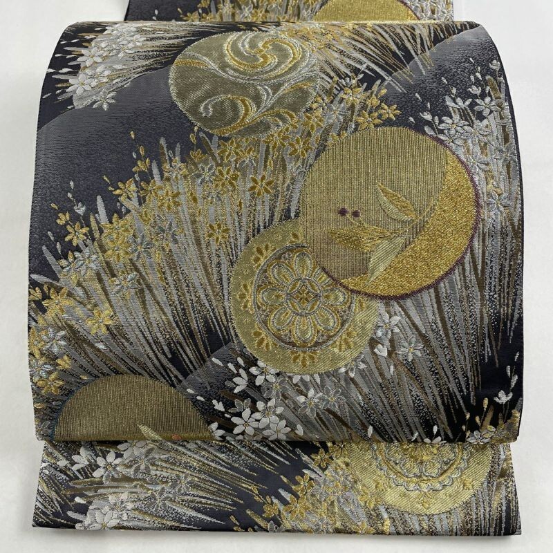 Mujer Kimono Japonés Fukuro-obi Seda Flor Cresta Oro Plata Hilo Lámina Gris