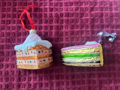 Two Blown Glass & Glittered Ornaments Shaped Like A Slice of Cake 3'' Long VGUC