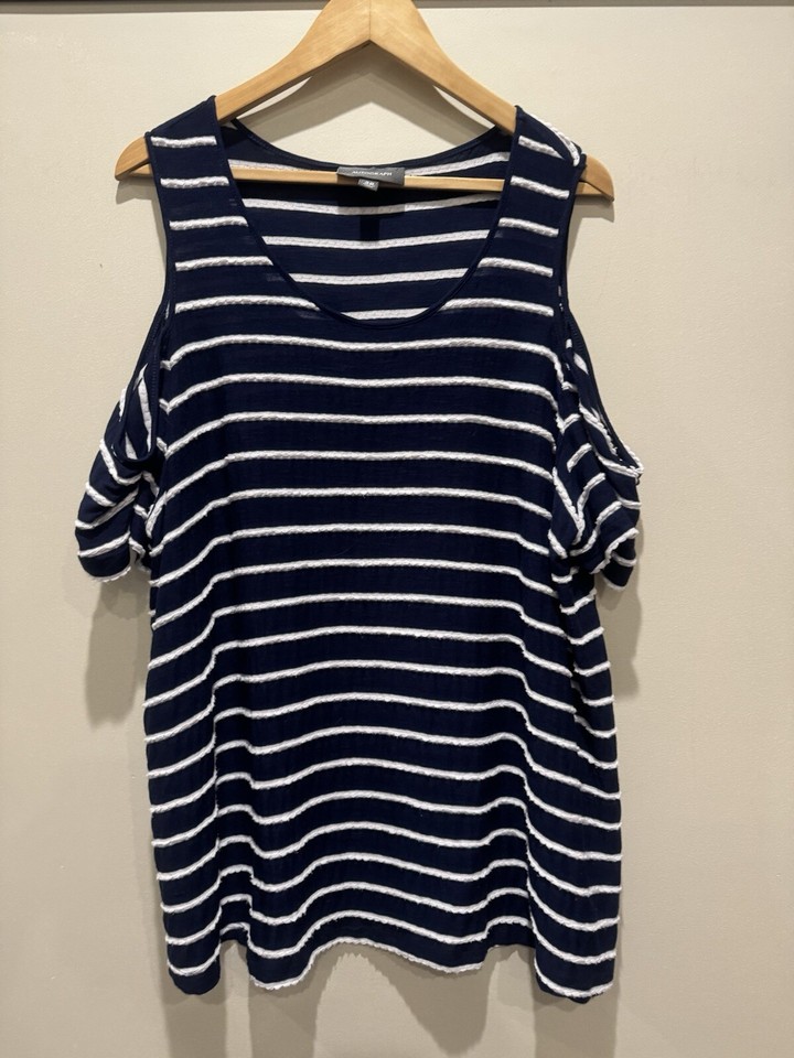 Autograph navy stripe 20 tee shirt cut out shoulder scoop neck plus summer