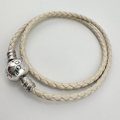 Pandora 925 Sterling Silver Cream Braided Leather Wrap Charm 13” Bracelet - Picture 5 of 8