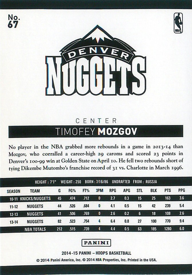 Timofey Mozgov 2014-15 Panini NBA Hoops Basketball Base Card #67 Denver ...