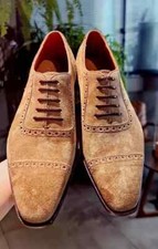 Bespoke Handmade Beige Suede Lace Up Brogue Shoe Party Wear Shoe Dress Shoe New