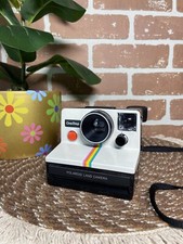 Vintage Polaroid SX-70 OneStep White Rainbow Stripe Instant Camera With Strap