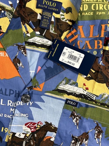 POLO RALPH LAUREN Men MEDIUM Horse Racing All Over Print Sleepwear LS Shirt Blue - Picture 3 of 9