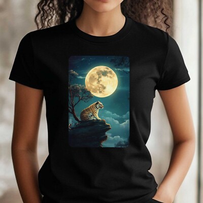 Frauen T-Shirt Tiger und Vollmond Motiv Baumwolle Größe S bis 3XL