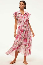 MISA LOS ANGELES NWT $470 Garden Fuchsia Florencia Flutter Sleeve Midi Dress L