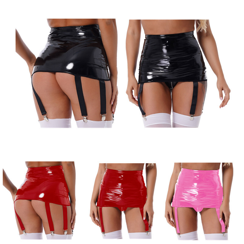 Womens High Waist Mini Skirt with Six Garter Belt Wetlook Womens High Waist Mini Skirt with Six Garter Belt Wetlook