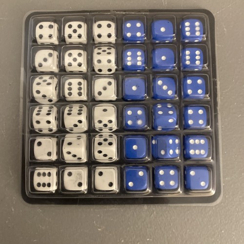 (2) Lot de 36 dés arrondis six faces standard 18 blanc 18 bleu avec plateau - Photo 2/6
