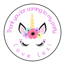 Unicorn Head Personalised Round Stickers Party Birthday Sweet Cones cake boxes