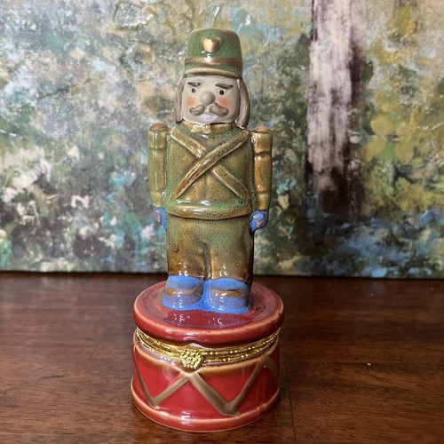 Nutcracker Hinged Trinket Box Glazed Ceramic Christmas Collectible Limoge-esque