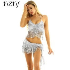 Women 2Pcs BellyDancing Costume Shiny Sequins Tassels Top with Fringe Hip Scarf