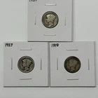 3 Mercury Dimes 1919 1927 1929 US Silver 10 Cent Coins