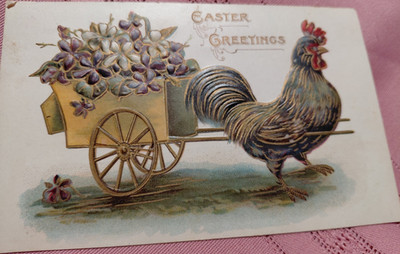 easter greetings illustrated postcard rooster pulling flower cart