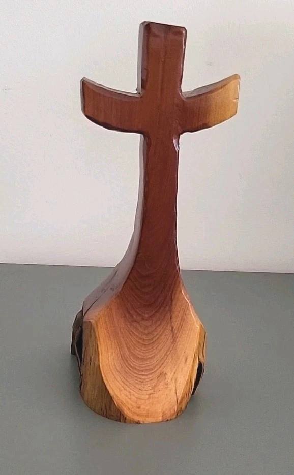 Деревянный ручной резьбы прочный крест красный кедр полуглянцевая отделка 9 дюймов подпись художника - Изображение 2 из 4