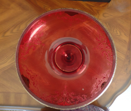 Vintage Venetian Style Red Flashed Art Glass 20" Vase Gold Lace Decal Decoration - Picture 5 of 7