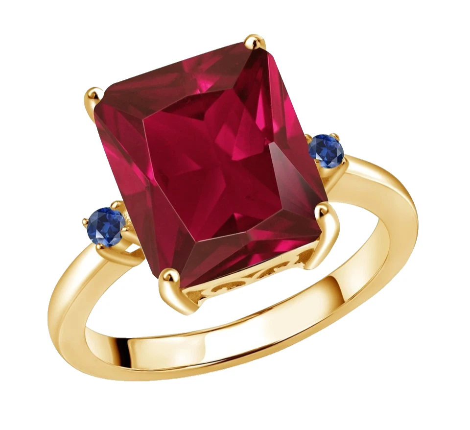 925 Silver Yellow Gold Plated Created Red Ruby and Blue Sapphire Cocktail Ring - Image 2 of 4