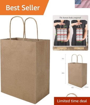 100 Pack 8x4.75x10 Inch Plain Medium Paper Bags with Handles Bulk, Brown Kraf...