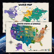 Kids Map Poster Illustrated USA  World Map for Kids 24x36 Laminated Made in USA