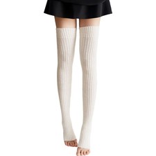 Womens Knitted Thigh High Leg Warmers Extra Long Footless Stirrup Socks Soft ...