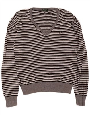 Fred Perry Womens V-Neck Jumper Sweater UK 14 Medium Grey Striped Cotton BY13