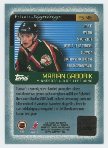 2000-01 TOPPS PREMIER PLUS Marian Gaborik PRIVATE SIGNINGS AUTO - Picture 2 of 2
