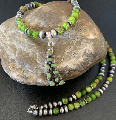 Womens Green Gaspeite Turquoise Pendant Navajo Sterling Silver Necklace 12269