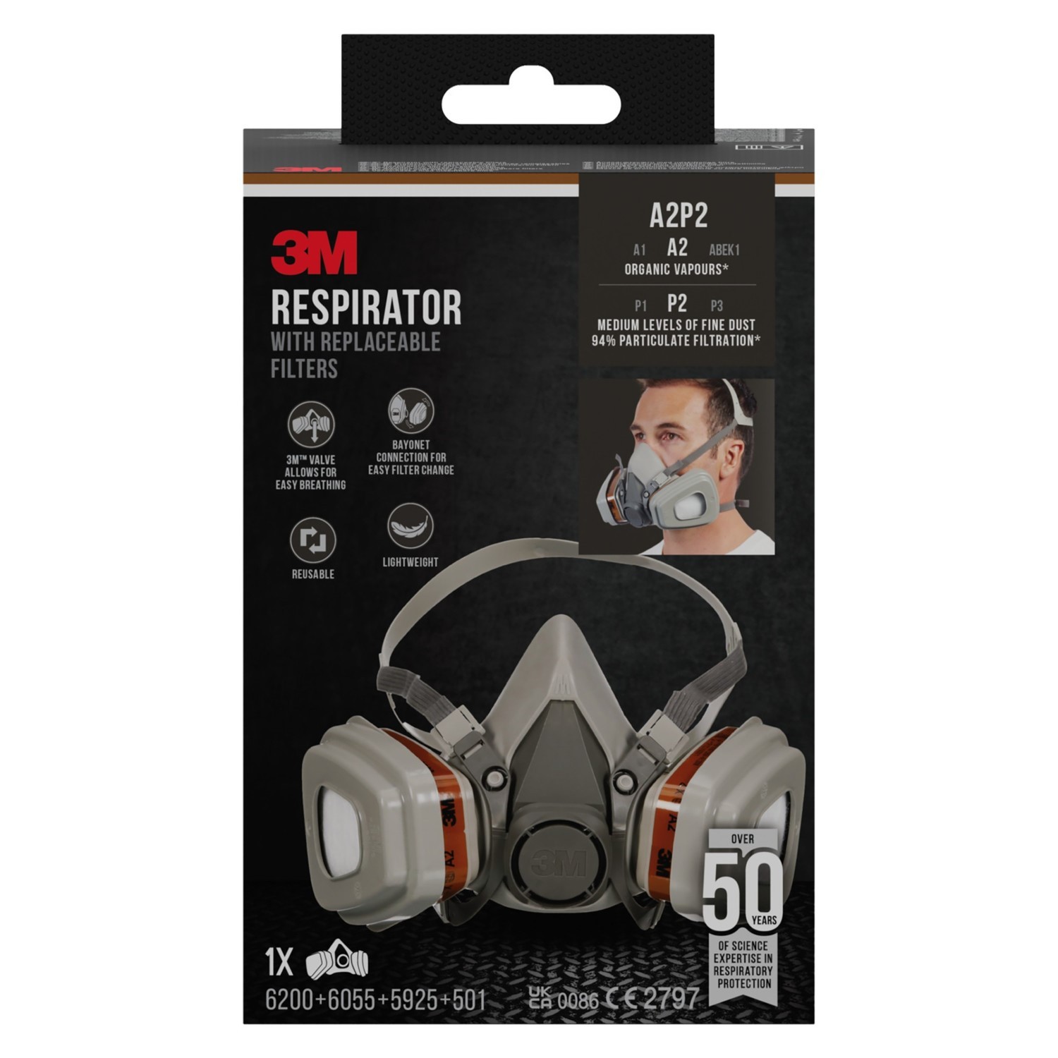 3M Respirator with Replaceable Filters 6002KIT-1 A2P2  1x6200 2x6055 2x5925 2x50