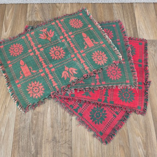 Vintage Reversible Woven Christmas Placemats Set of 4 Red Green Folk Art