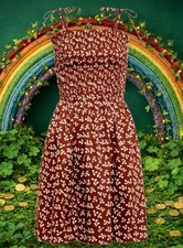 TORY BURCH SUNDRESS Mini SMOCKED PRINTED RUST LITTLE LEAVES SZ US XL NWT