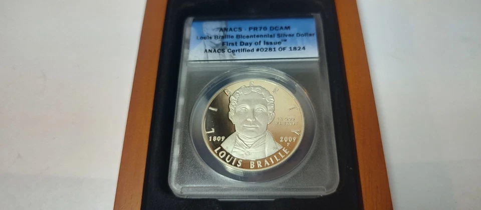 2009 p Louis Braille .900 Silver Dollar ANACS-PR70 DCAM FDOI # 281 of 1824 - Image 2 of 4