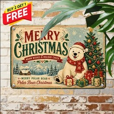 Merry Polar Bear Christmas Sign 8x12 Winter Holiday Metal Tin Decor Plaque