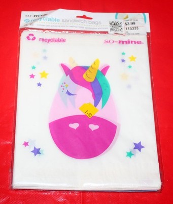 NEW So Mine Recyclable Sandwich Snack Bags w/ Seal Unicorn Rainbow BPA Free 25ct