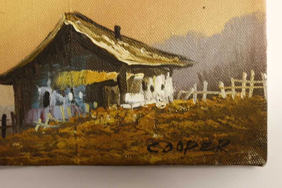 Mini pintura de paisaje original firmada Cooper - casa de campo rústica al atardecer, 5x7 Foto 4 de 4