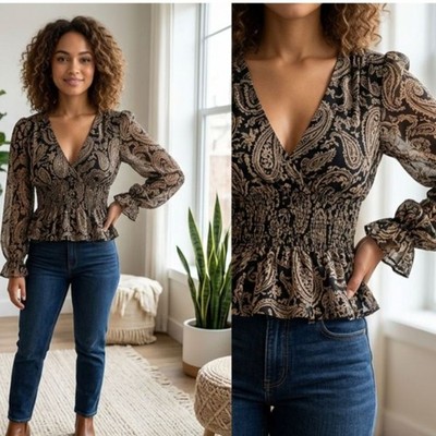 Daniel Rainn Paisley Smocked Peplum Blouse Boho Chic Paisley Blouse Whimsigoth