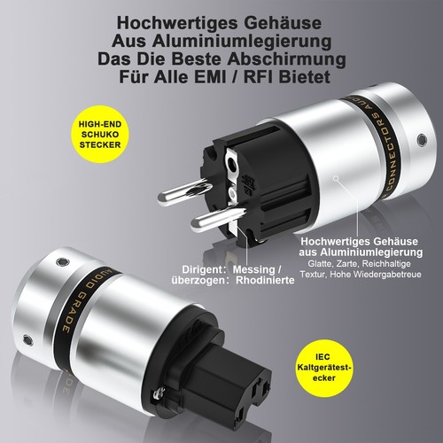 Paar Hi-Fi Rhodium Netzkabel Kabel Schuko EU Netzteil Stecker IEC Buchse Adapter - Afbeelding 3 van 12