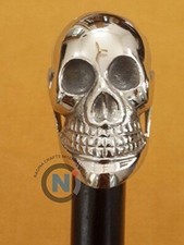 Walking Stick in Wood- Skull Nickel Plated Silver Tone Brass Handle-Costume Cane