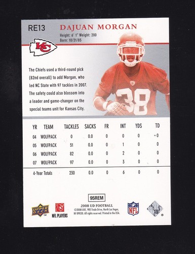 2008 Upper Deck Rookie Exclusives Dajuan Morgan Rookie #RE13 Kansas City Chiefs - Picture 2 of 2