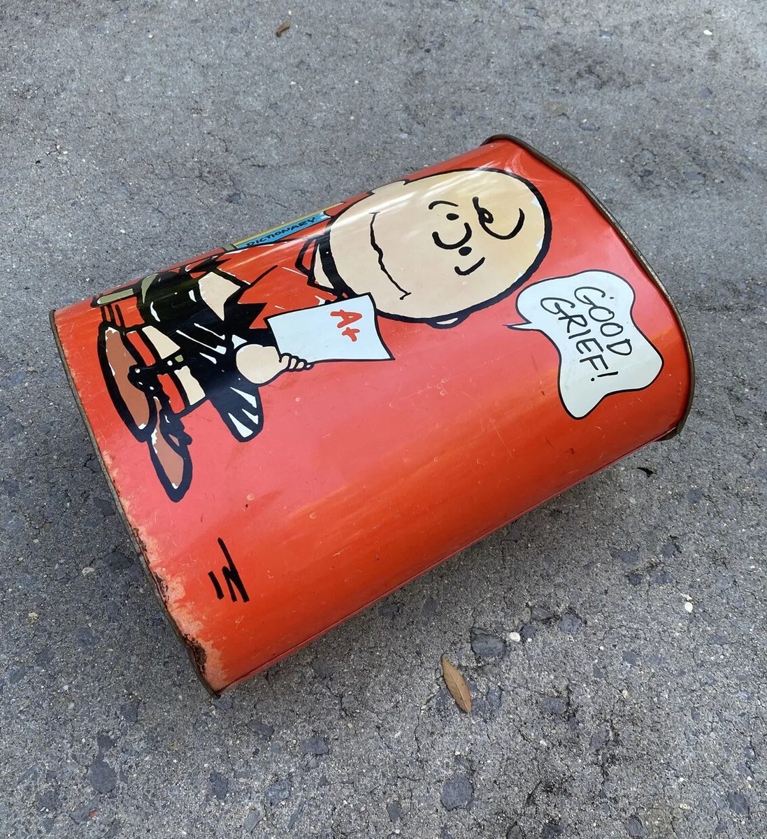 Vtg Peanuts Cheinco Charlie Brown Snoopy Metal Garbage Can Tin