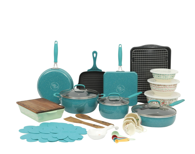 PIONEER WOMAN Painted Meadow Speckle Teal ✨ 34-Piece Aluminum Cookware Combo Set