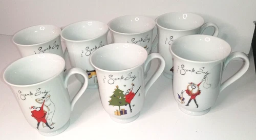 7 POTTERY BARN Christmas Mugs SANTA BABY White Porcelain Cups BEST PRICE
