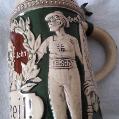 ALT Humpen Bierkrug Turner Krug Turnvater Jahn 4 F Turnen um 1900