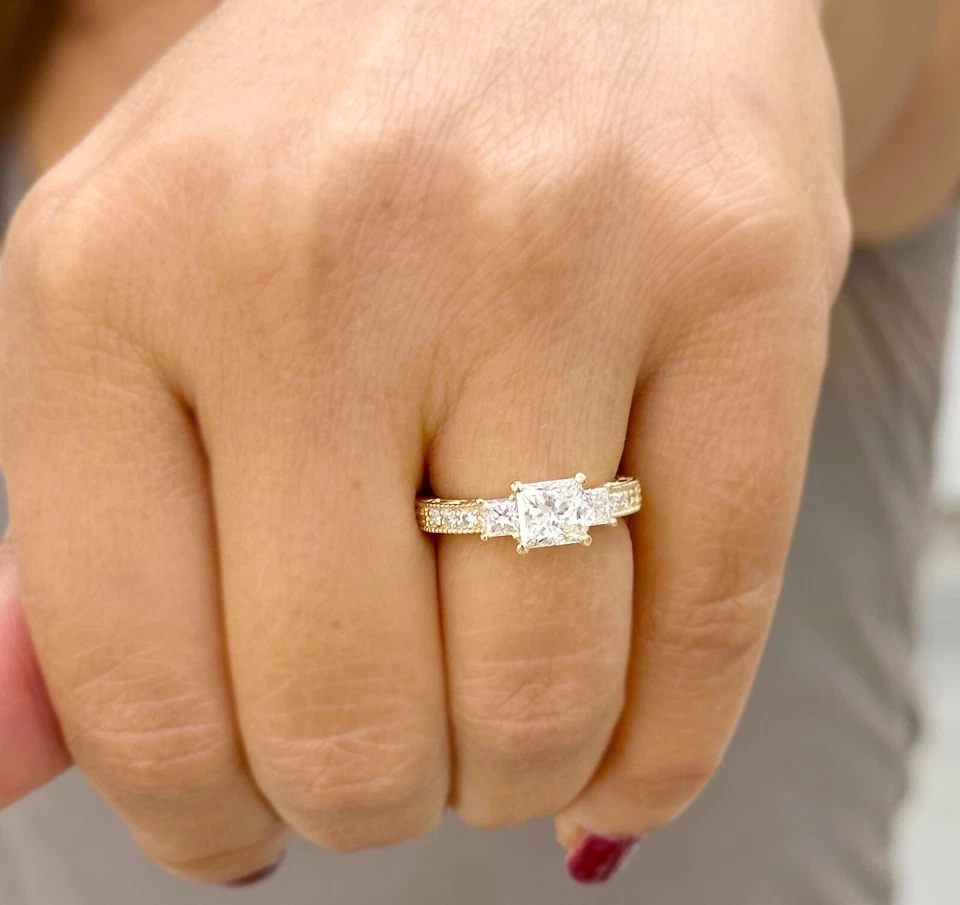 Princess Diamond Engagement Ring Three Stone IGI Certified 14k Yellow Gold 1.60 - Image 3 of 4