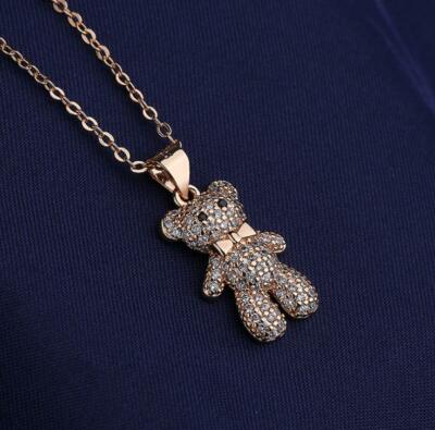 Sparkling Teddy Bear Pendant Rose Gold Pave Cubic Zirconia Chain Necklace