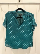 J Crew Polka Dot Sheer Short Sleeve Shirt Women?s Size Small Ruffle Emerald EUC
