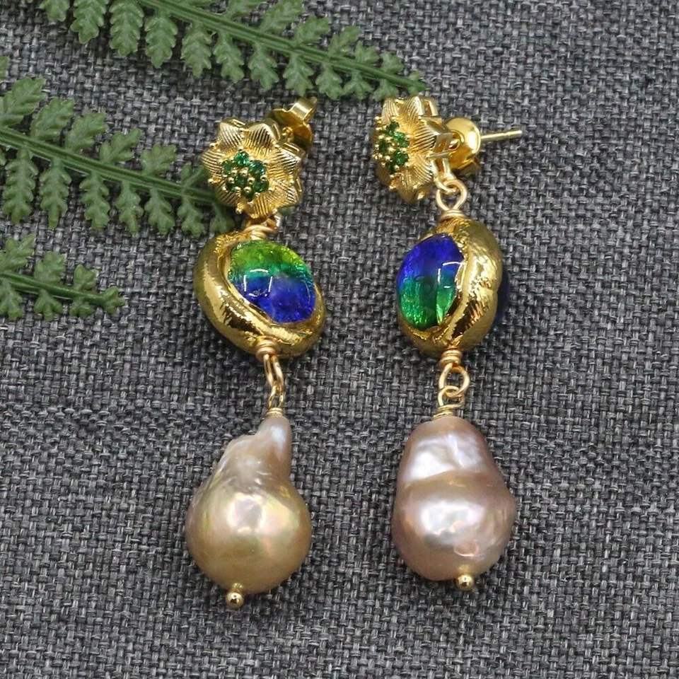 Freshwater Cultured Purple Keshi Pearl Blue Murano Glass Earrings For Lady - Image 3 of 4