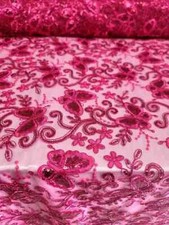 Fuchsia Lace Fabric with Butterflies Sequins Mesh Fabric Sold by the Yard Prom