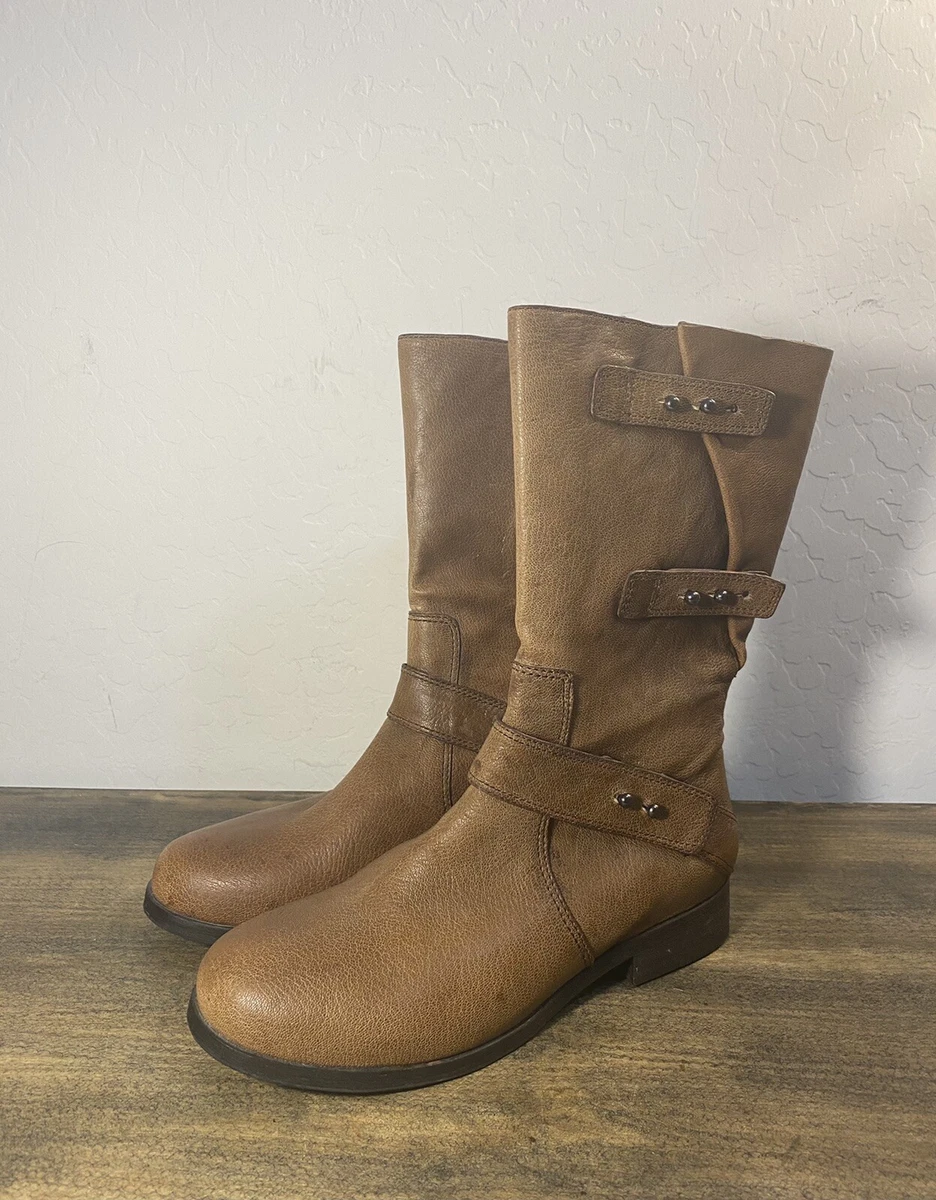 Eileen Fisher Domingo Brown Leather Mid Calf Moto Boots Size 6